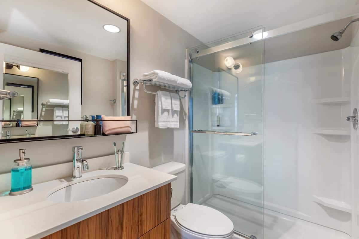 studio suite, 1 queen bed, non smoking, kitchenette | bathroom | shower, free toiletries, hair dryer, towels