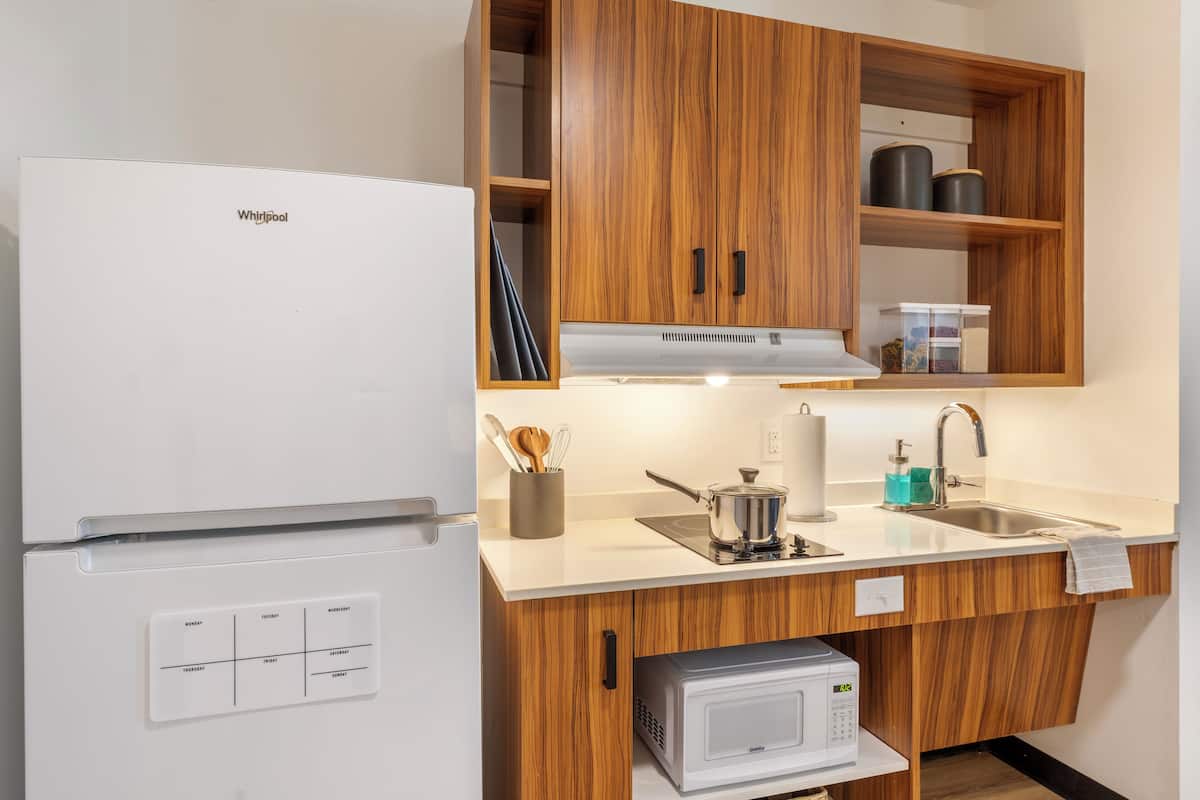 fridge, microwave, stovetop, coffee/tea maker