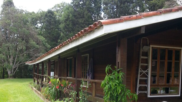 A wooden house with a porch, surrounded by a well-maintained garden and a large bird sculpture.