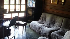A cozy room with a wooden ceiling, a sofa, a desk with a laptop, and a television.