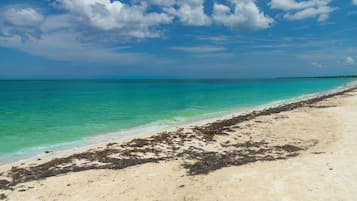 A beach with clear turquoise water and a sandy shore.