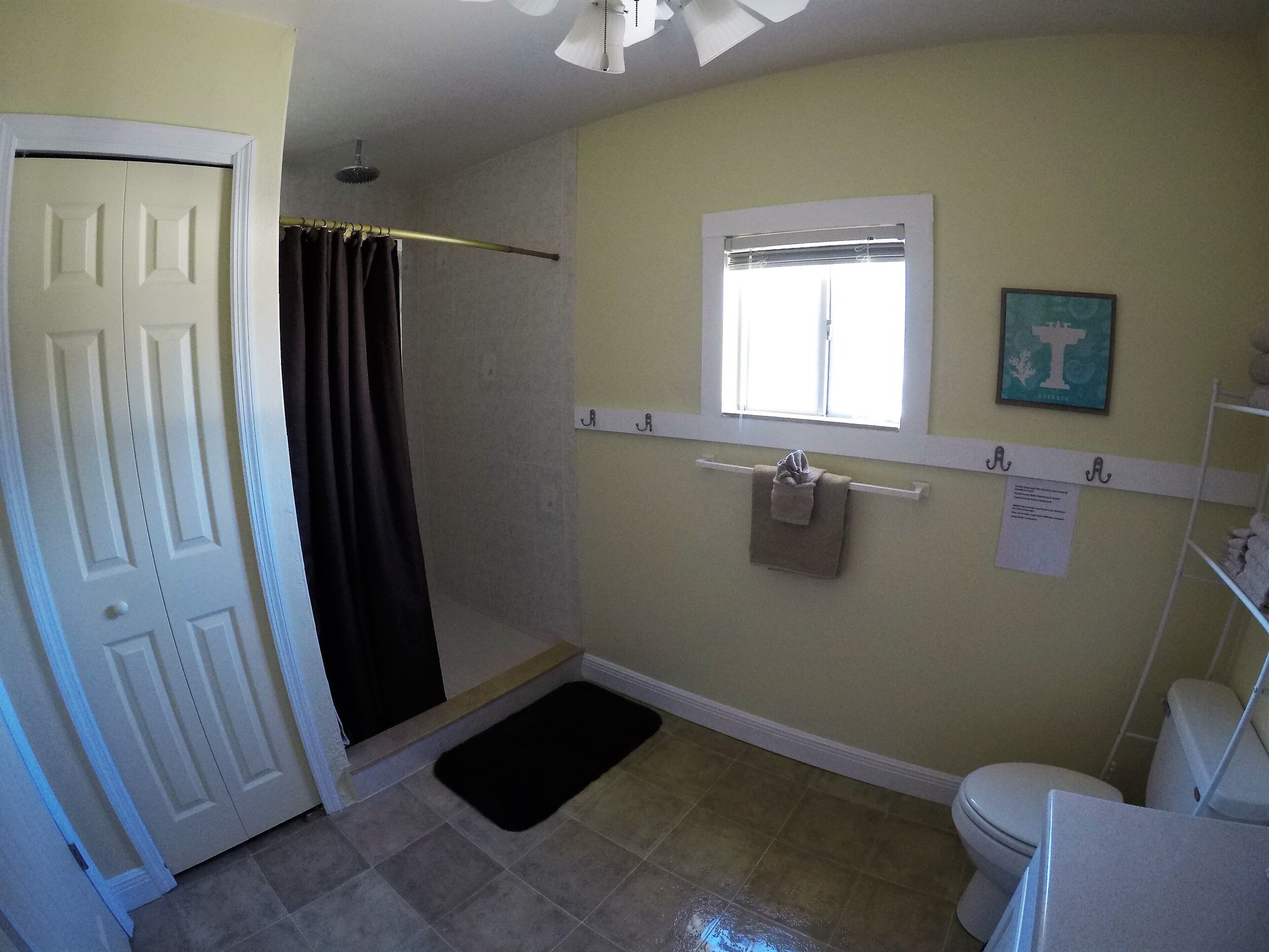 A bathroom with a shower, toilet, and a window.