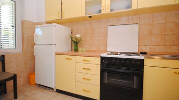 Fridge, microwave, dishwasher, cookware/dishes/utensils