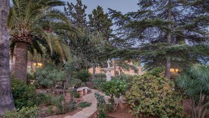 A garden with a stone pathway, palm trees, and various shrubs. - Well maintained charming villa**** near the sea Lots of privacy, separate studio (Calp)