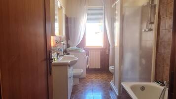 Shower, hair dryer, bidet, towels