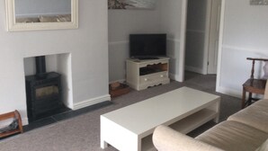 Een woonkamer met een open haard, een televisie op een dressoir, een bank en een schilderij aan de muur.