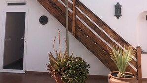 Eine Holztreppe mit einer weißen Wand und einer Tür. Es befinden sich zwei Blumentöpfe dort, einer mit einer grünen, belaubten Pflanze und der andere mit einer hohen, schlanken Pflanze.