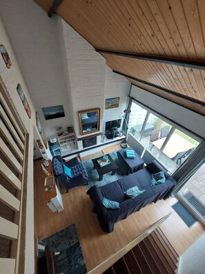 Televisio, takka, pöytätennispöytä, kirjoja