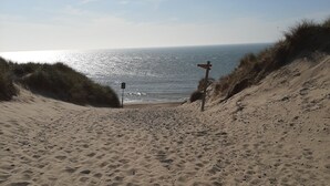 Une plage de sable avec des dunes et une croix en bois.