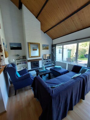 Télévision, cheminée, table de tennis de table, livres