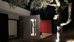 Une maison moderne avec un mur rouge, une porte en verre et un arbre au premier plan.