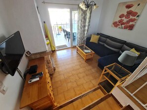 Smart TV, fireplace, DVD player, books