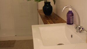 Ein Badezimmer mit einem weißen Waschbecken, einem Spiegel, einer Dusche und einem Blumentopf auf einem Holzregal.