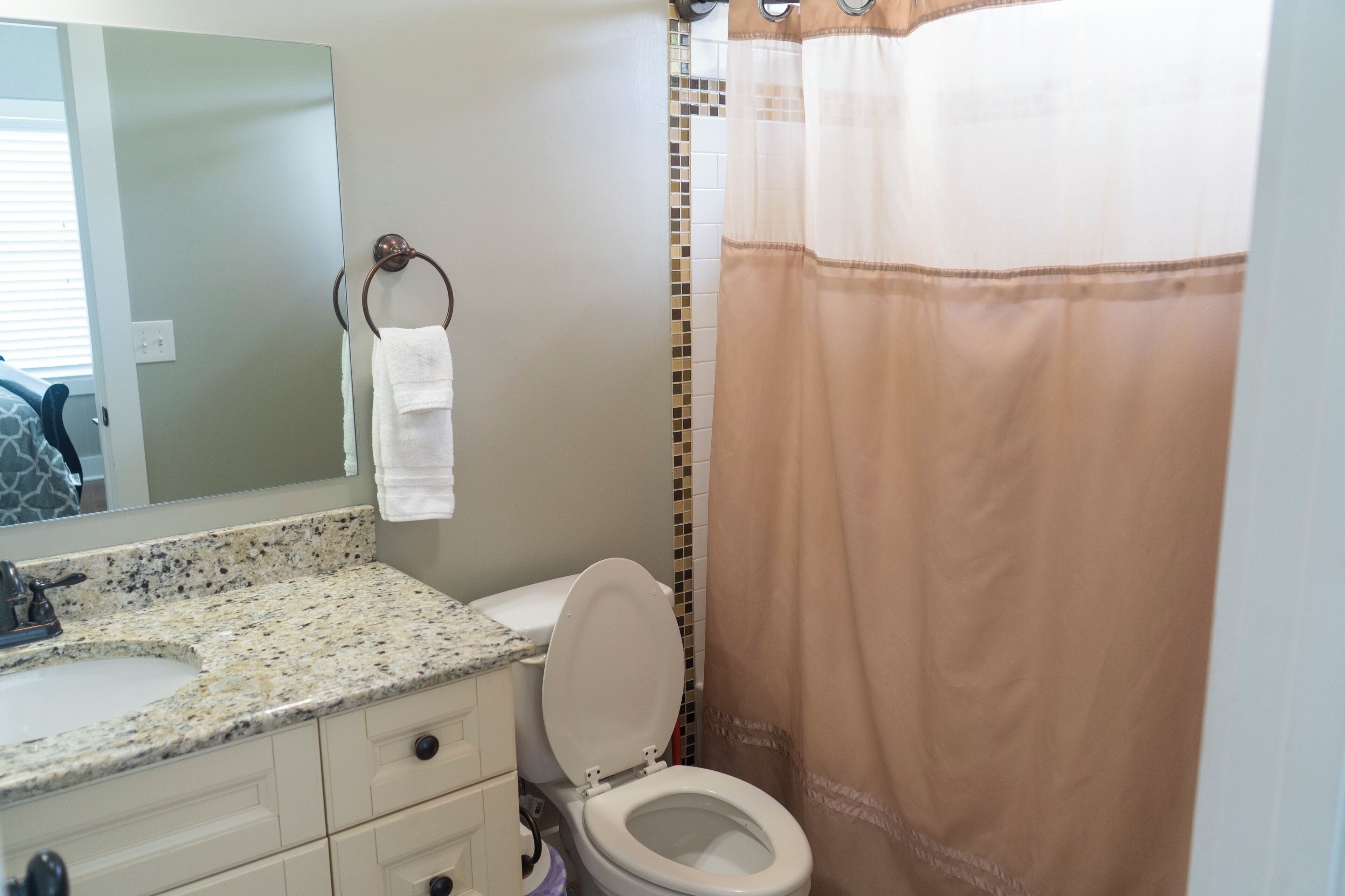 A bathroom with a sink, toilet, and shower curtain.