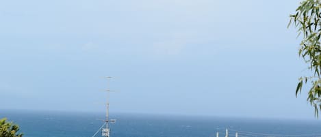 A coastal view with a clear sky, a large antenna structure, and the ocean in the background.