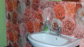 A bathroom with a sink, mirror, and floral wallpaper.