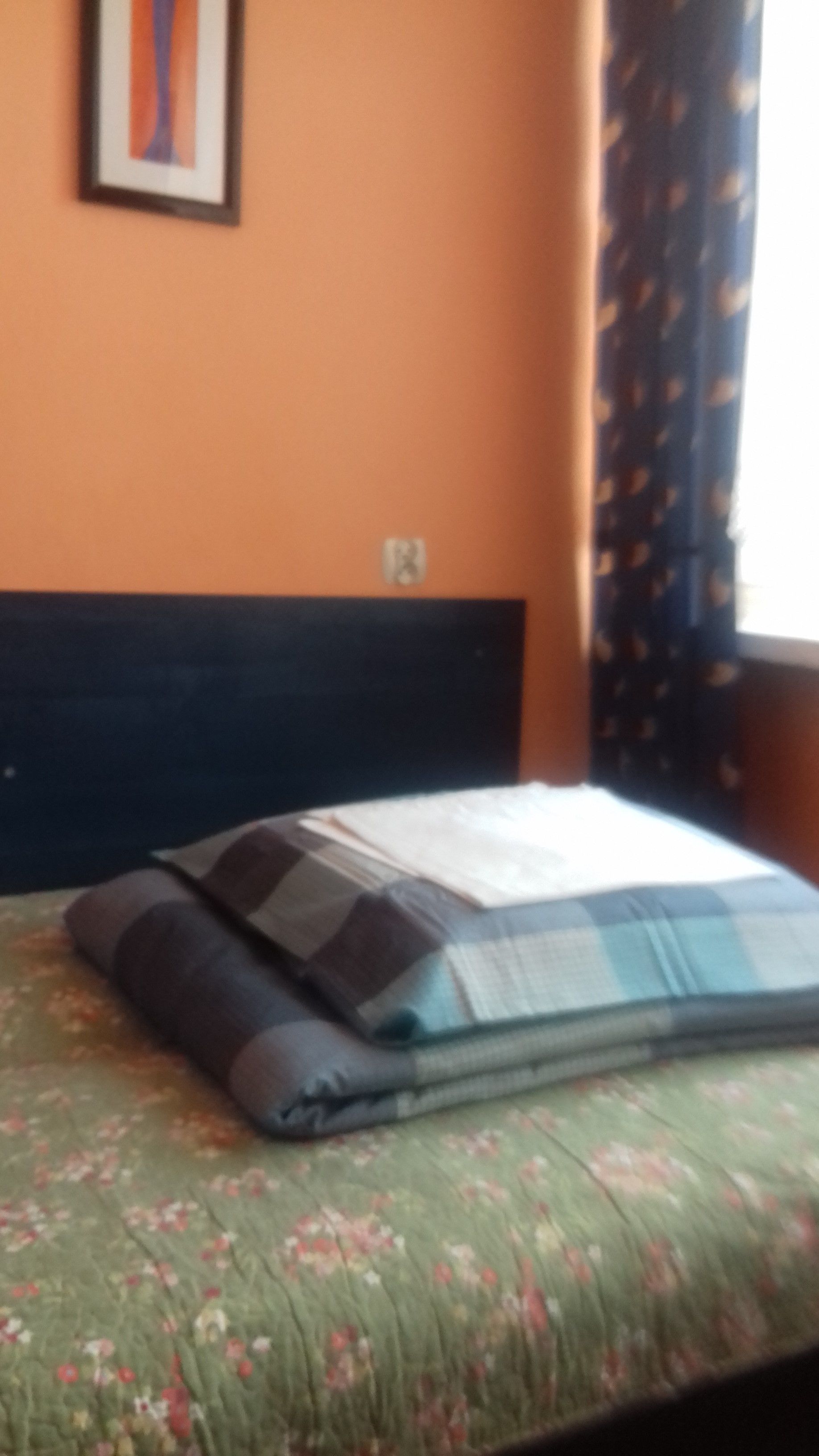 A bed with a floral bedspread, a dark headboard, and a pillow.