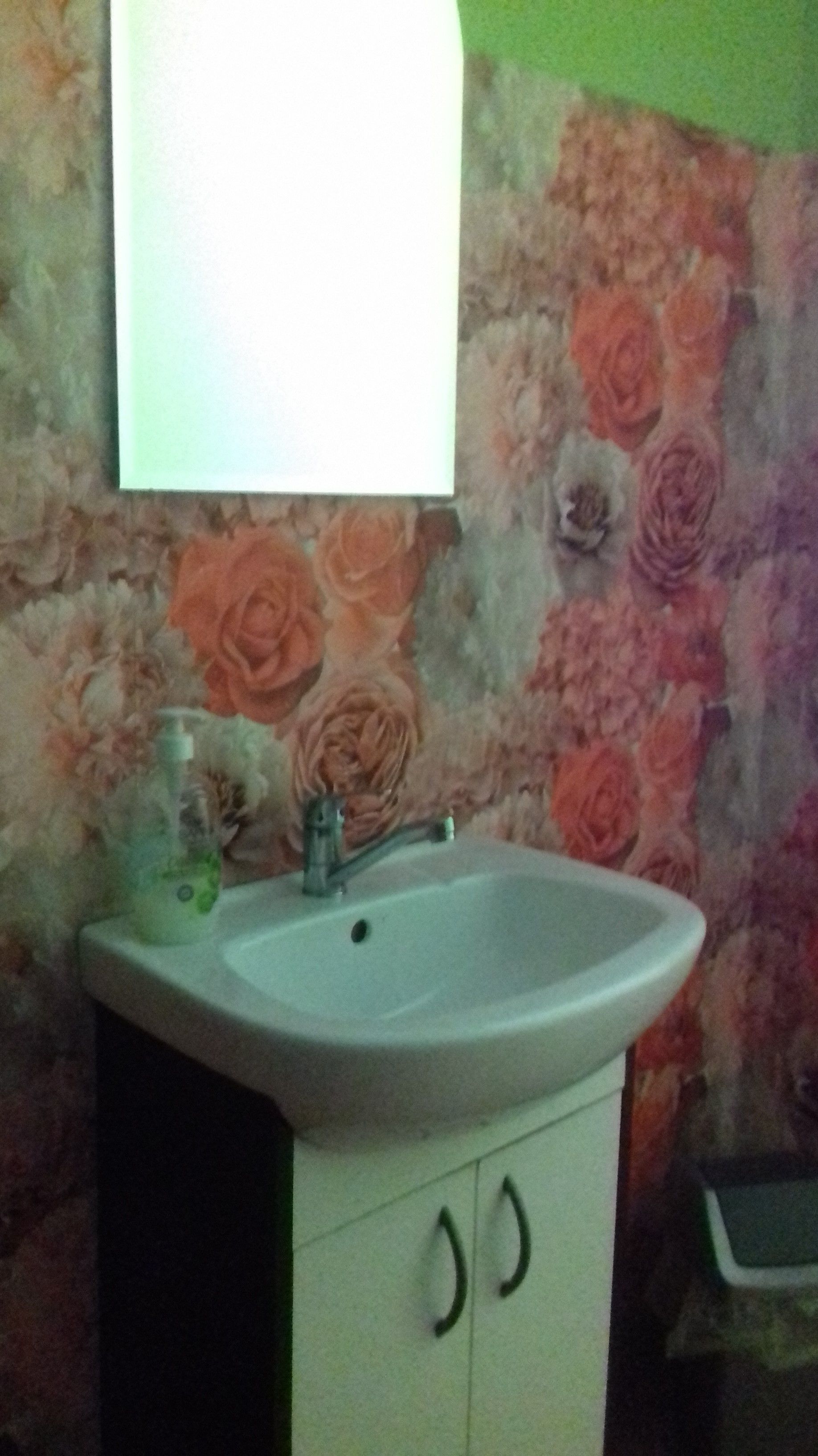 Un baño con lavamanos, espejo y papel tapiz floral.