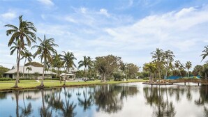 A tranquil lakeside setting with palm trees, a bridge, and a building with a white roof.
