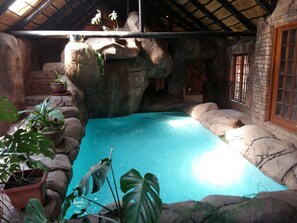 Un área de piscina con pared de roca natural, plantas en macetas y techo de madera rústica.