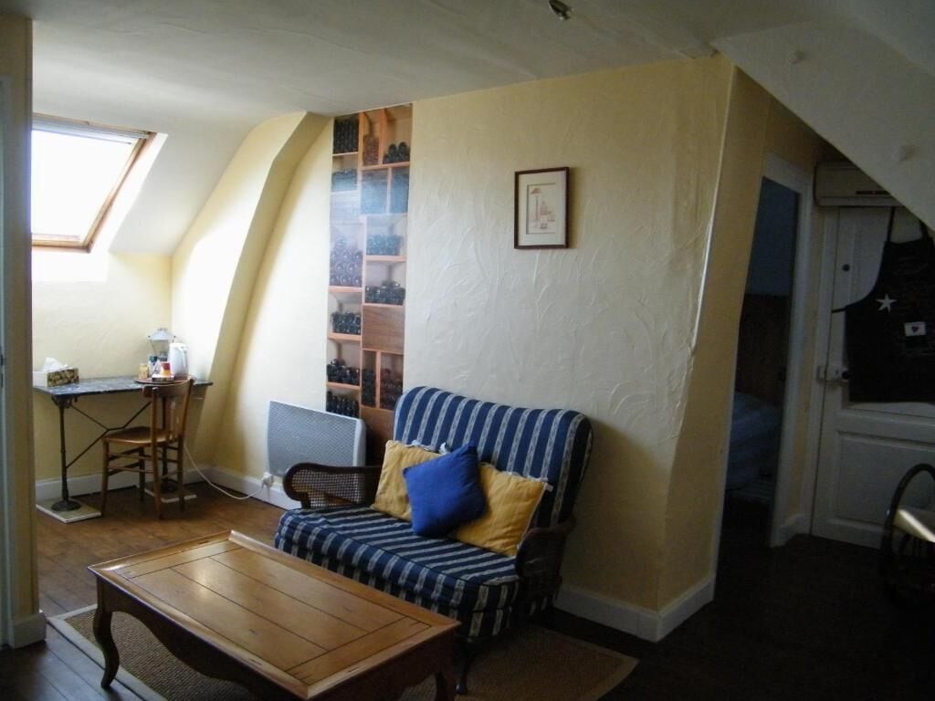 Une pièce avec un plafond en pente, un canapé avec des coussins, une table en bois, une chaise et une étagère adossée au mur.