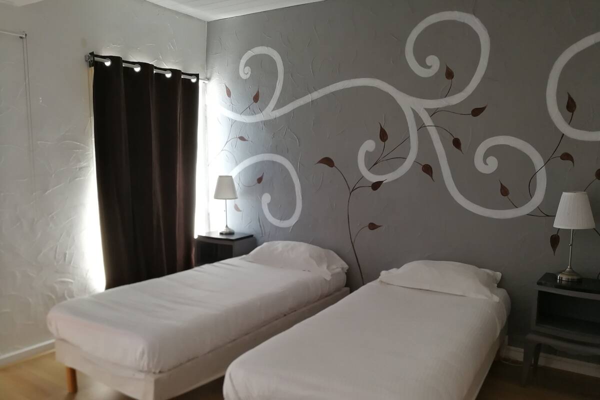 Une chambre avec deux lits simples, une table de chevet avec une lampe, une fenêtre avec des rideaux et un mur orné d’un motif de feuilles.