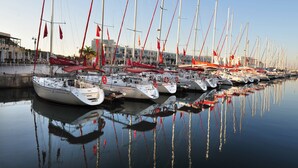 Una marina con varios veleros amarrados en aguas tranquilas, reflejando las embarcaciones y las estructuras circundantes.