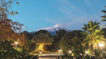 A nighttime view of a park with a mountain in the background, pathways, and illuminated trees.