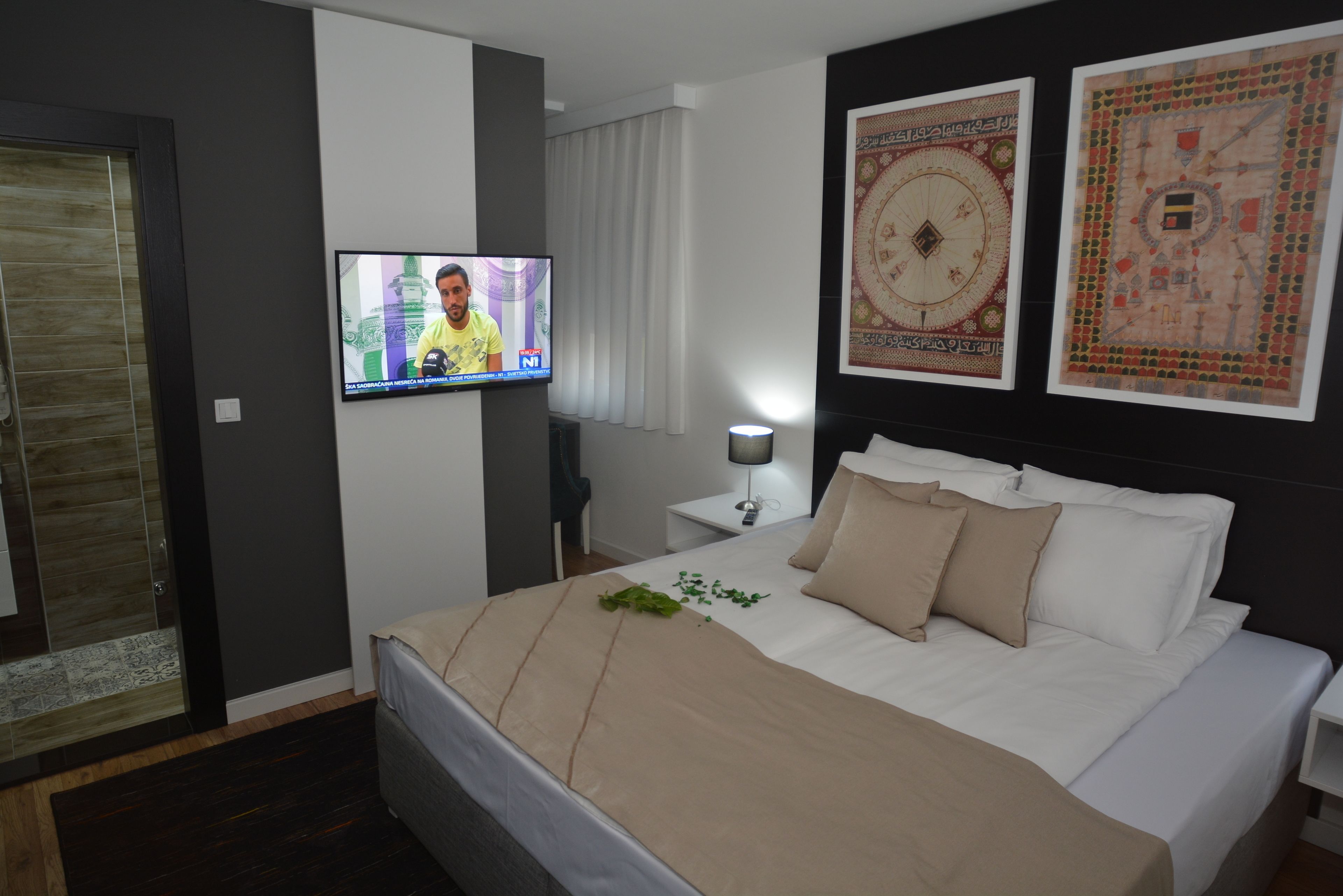 A hotel room with a bed, a TV, a nightstand, and a wall with two decorative tapestries.