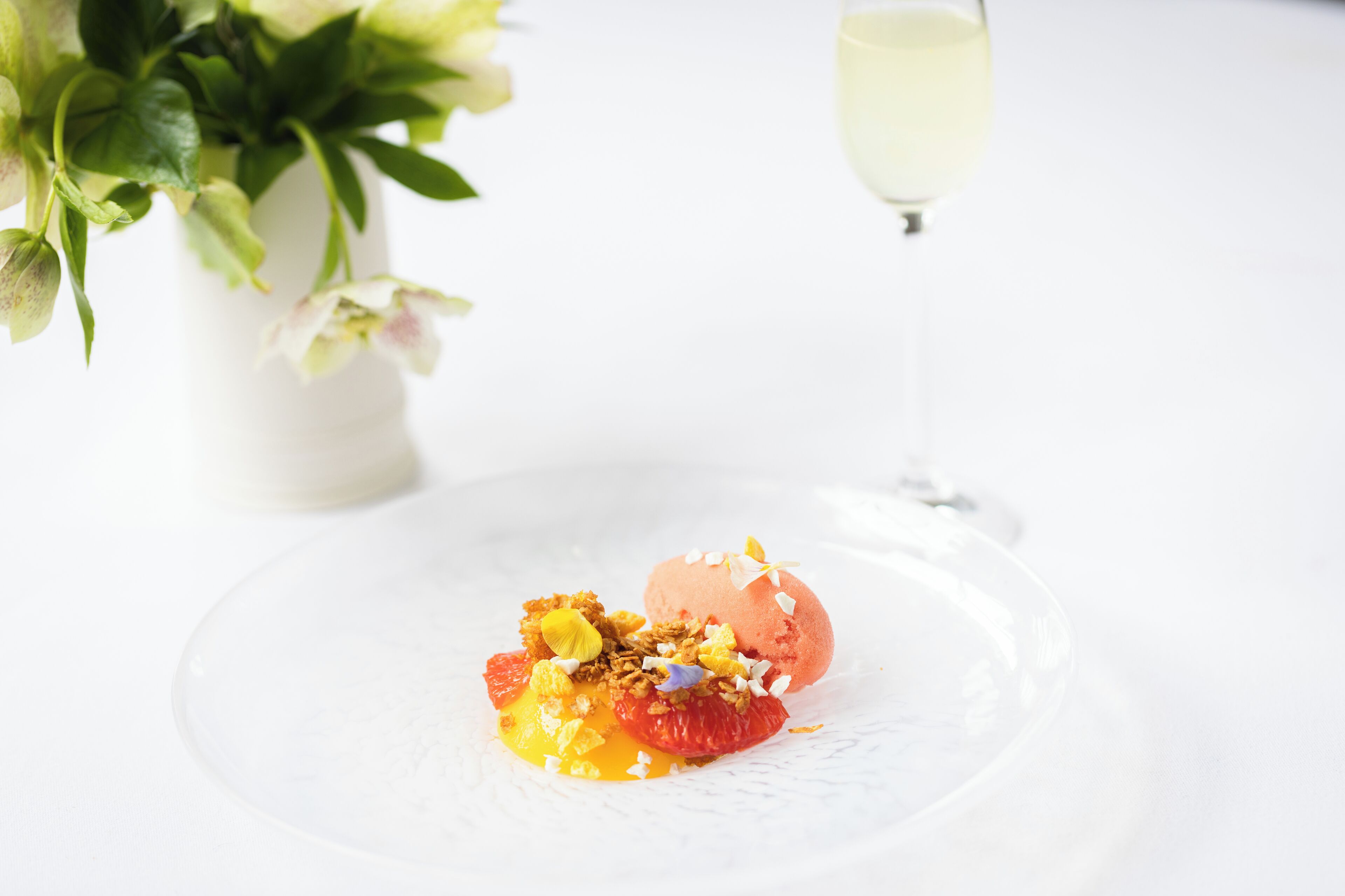 A dessert on a white plate with a glass of white wine and a potted plant in the background.