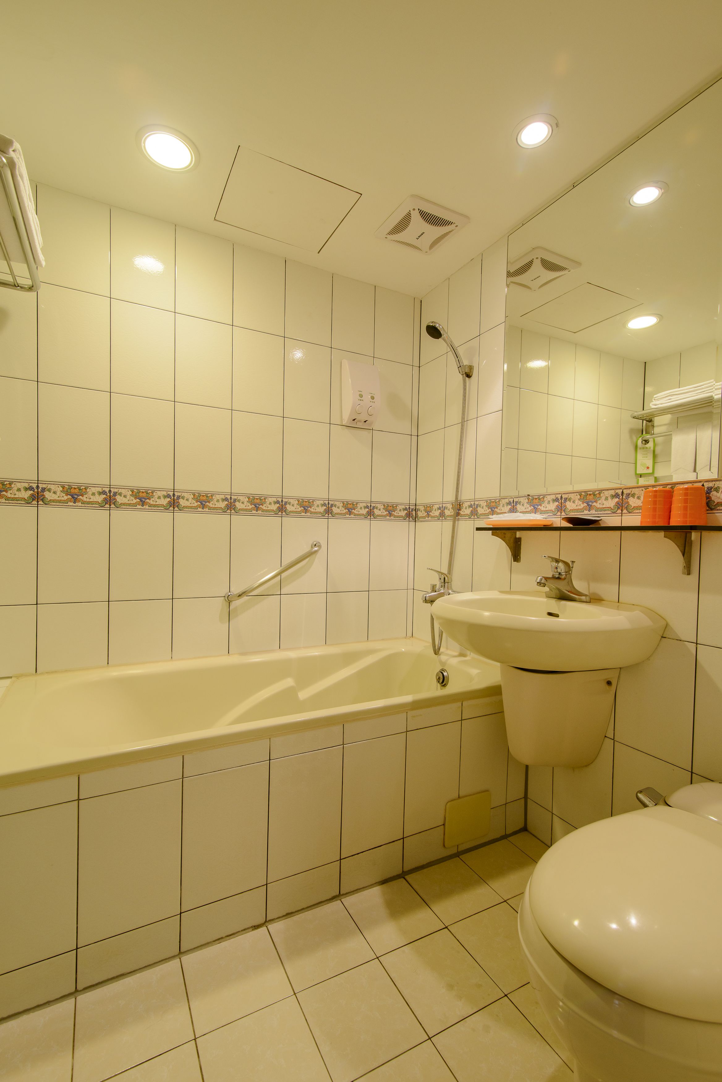 rainfall showerhead, hair dryer, towels