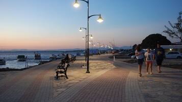 A waterfront promenade with benches and street lamps.