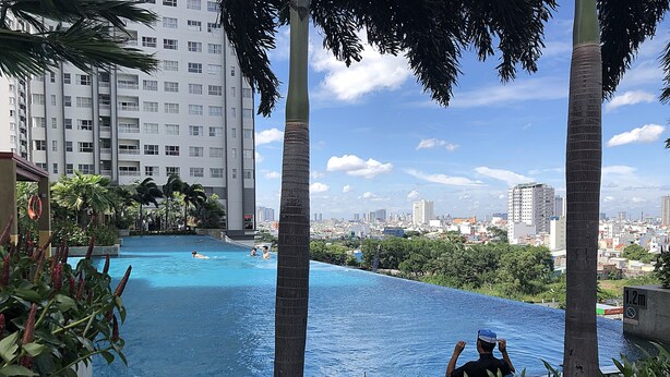 A swimming pool with a cityscape in the background, surrounded by palm trees and greenery.
