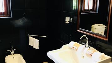 Spring water tub, hair dryer, bidet, towels