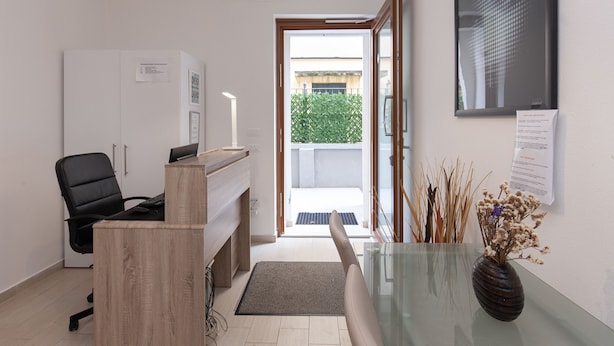 A modern office space with a desk, chair, and a vase with dried flowers. - San Polo Star (Venice)
