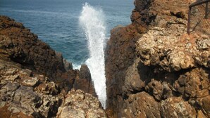 Una costa rocosa con una vista despejada del océano.