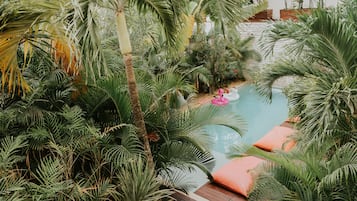 Una piscina al aire libre, sillones reclinables de piscina