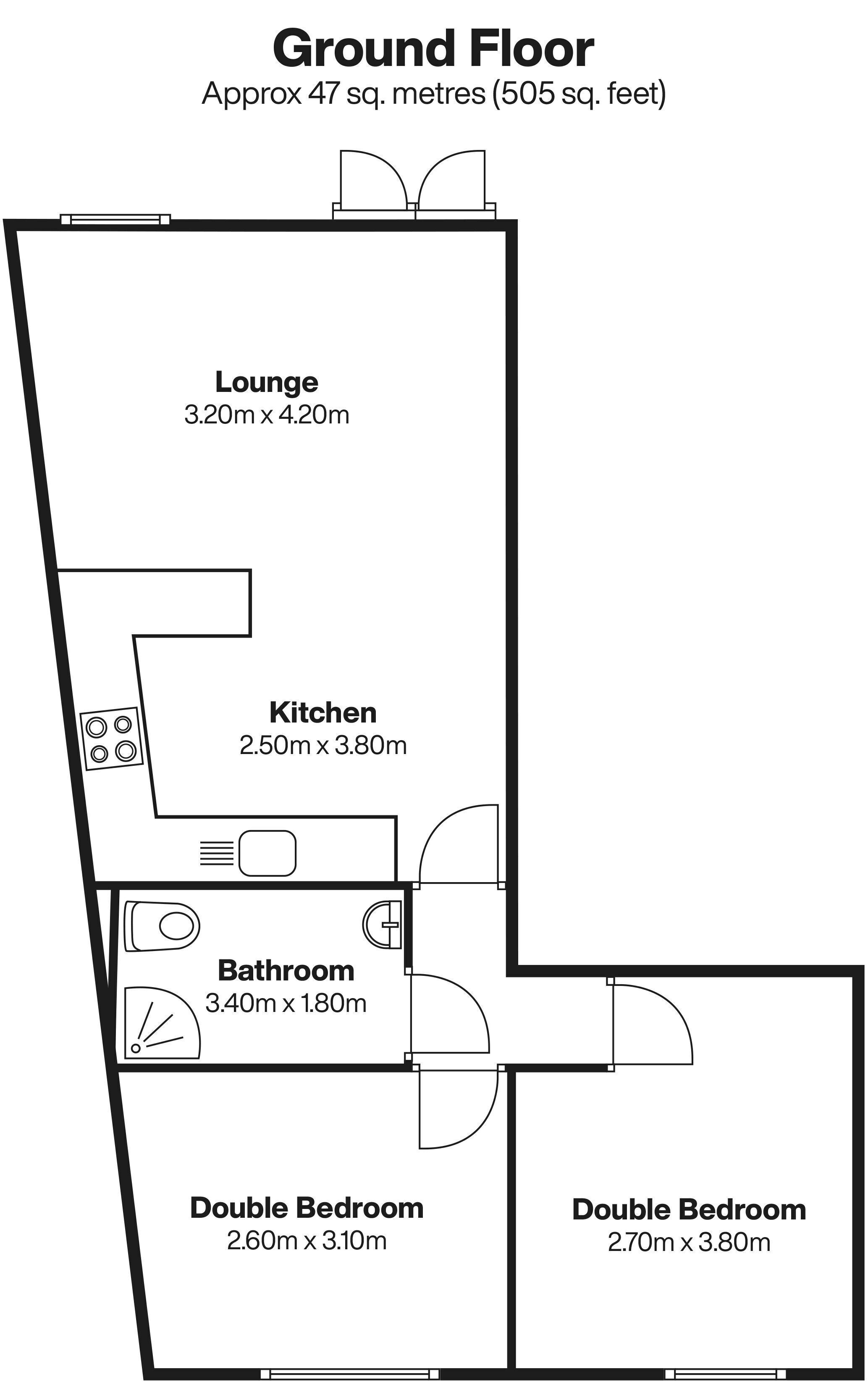 A floor plan of a ground floor layout including a lounge, kitchen, bathroom, and two double bedrooms.