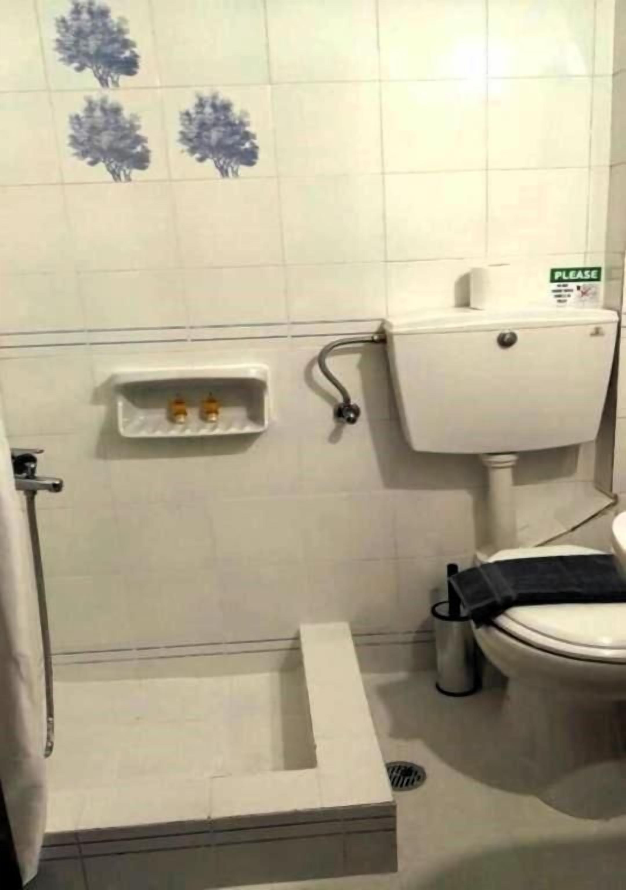 A bathroom with a toilet, a sink, and a shower area.