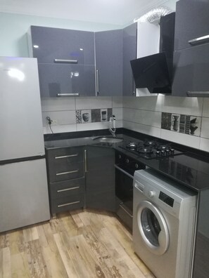 Deluxe Apartment | Private kitchen | Full-sized fridge, microwave, stovetop, electric kettle - Daniele Apartament (Batumi)