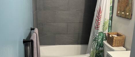 A bathroom with a shower, toilet, and vanity.