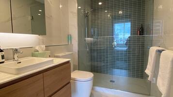 Shower, hair dryer, towels, soap