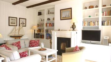 Fernseher, Kamin, DVD-Player, Bücher