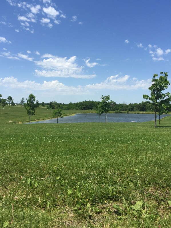 A grassy field with a lake and trees. - Looking for a getaway? This property is perfect for your vacation! (Weldon)