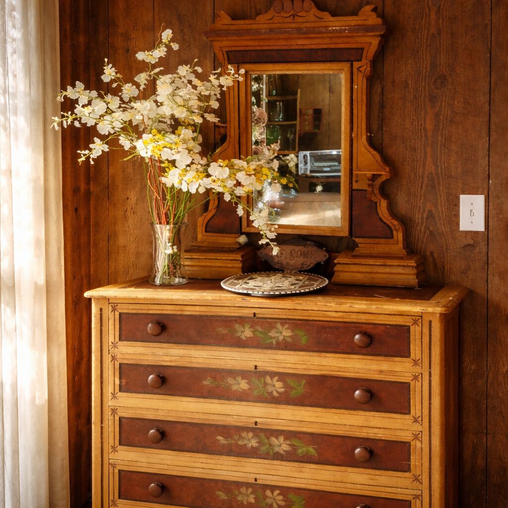 Een houten dressoir met bloemenknopjes in de laden en een spiegel erboven.