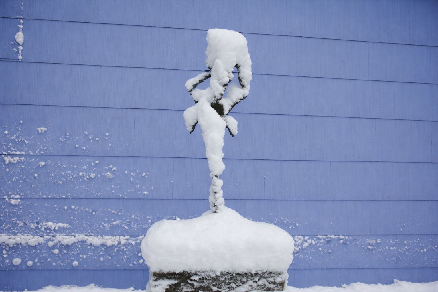 Una escultura cubierta de nieve frente a un muro azul.
