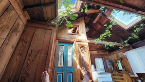 Interior rústico de madeira com porta azul, vigas de madeira e plantas penduradas.