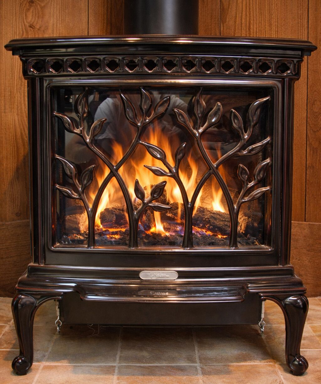 A wood-burning stove with a decorative glass front and a metal plaque.