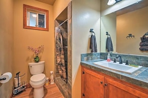Hair dryer, towels, soap, shampoo