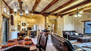 Télévision, cheminée, lecteur de DVD, livres